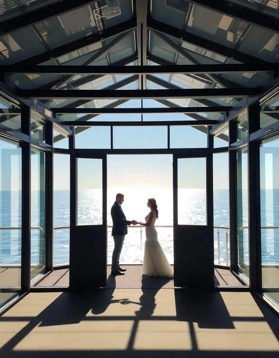 A modern glass pavilion at Jonah’s, with a couple standing inside exchanging vows. The Pacific Ocean is visible through the floor-to-ceiling windows, and the sunlight reflects off the water, casting shimmering patterns on the walls.