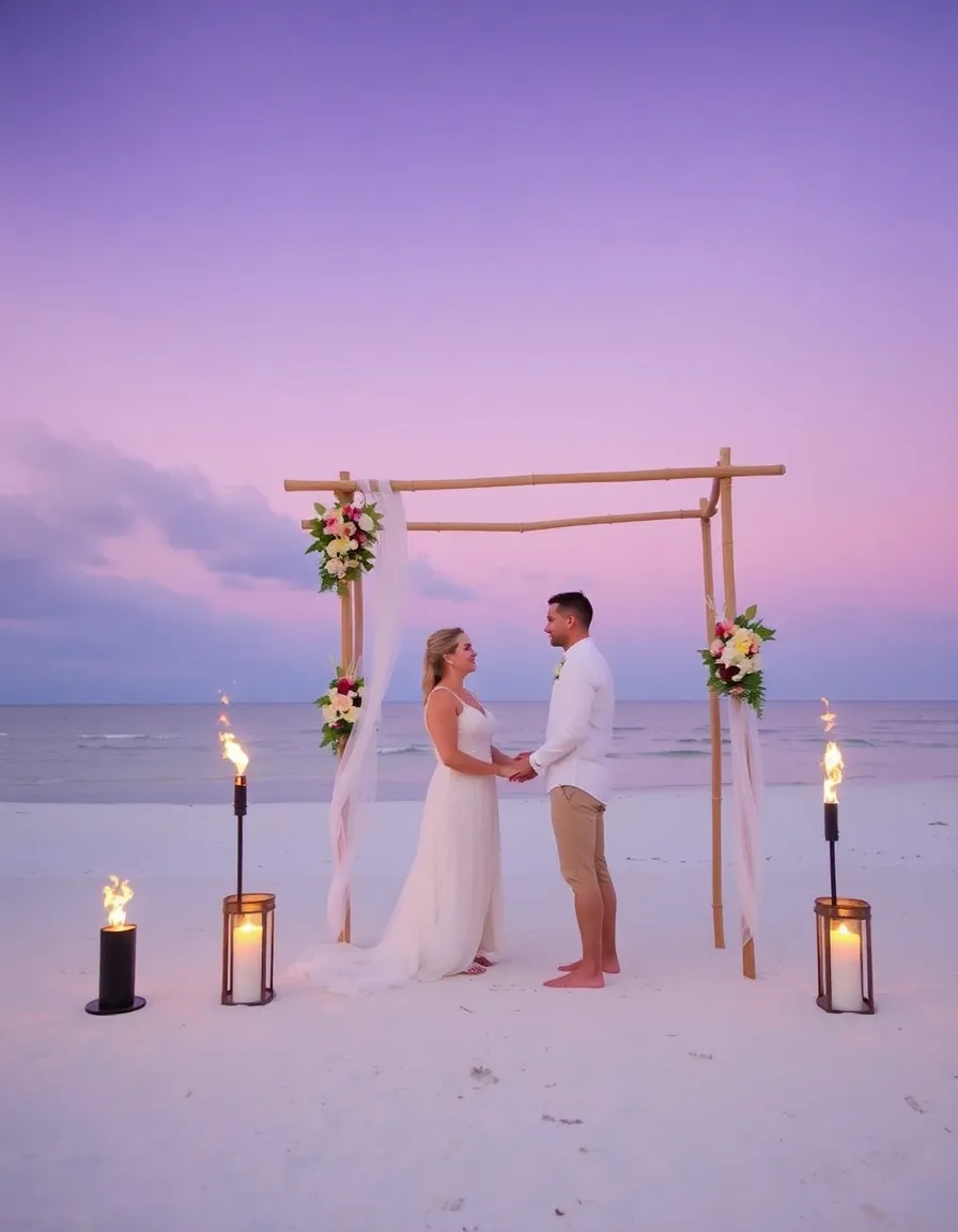 A sunset beach wedding at Little Palm Island, with a bamboo arch decorated with seashells and tropical flowers. The couple stands barefoot in the sand, surrounded by flickering tiki torches, as the sky turns shades of lavender and gold.