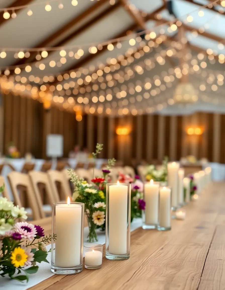 A close-up of elegant citronella candles in glass holders, placed along a wooden farm table adorned with wildflower centerpieces. In the background, twinkling fairy lights hang above the reception area, creating a cozy ambiance.