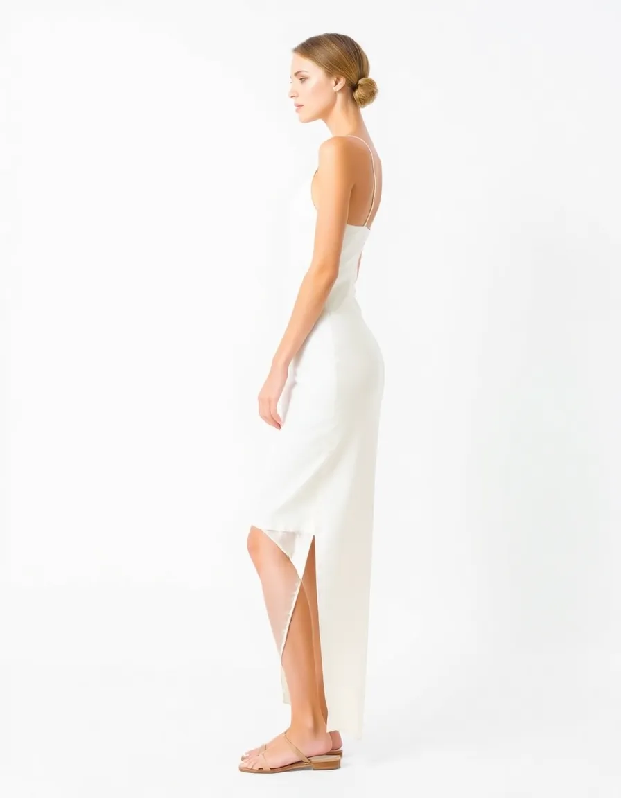 A model in a bias-cut ivory satin slip dress standing against a stark white studio backdrop. The dress skims her body effortlessly, with a subtle slit revealing strappy sandals. Her hair is slicked back into a low bun, emphasizing the dress’s clean lines.
