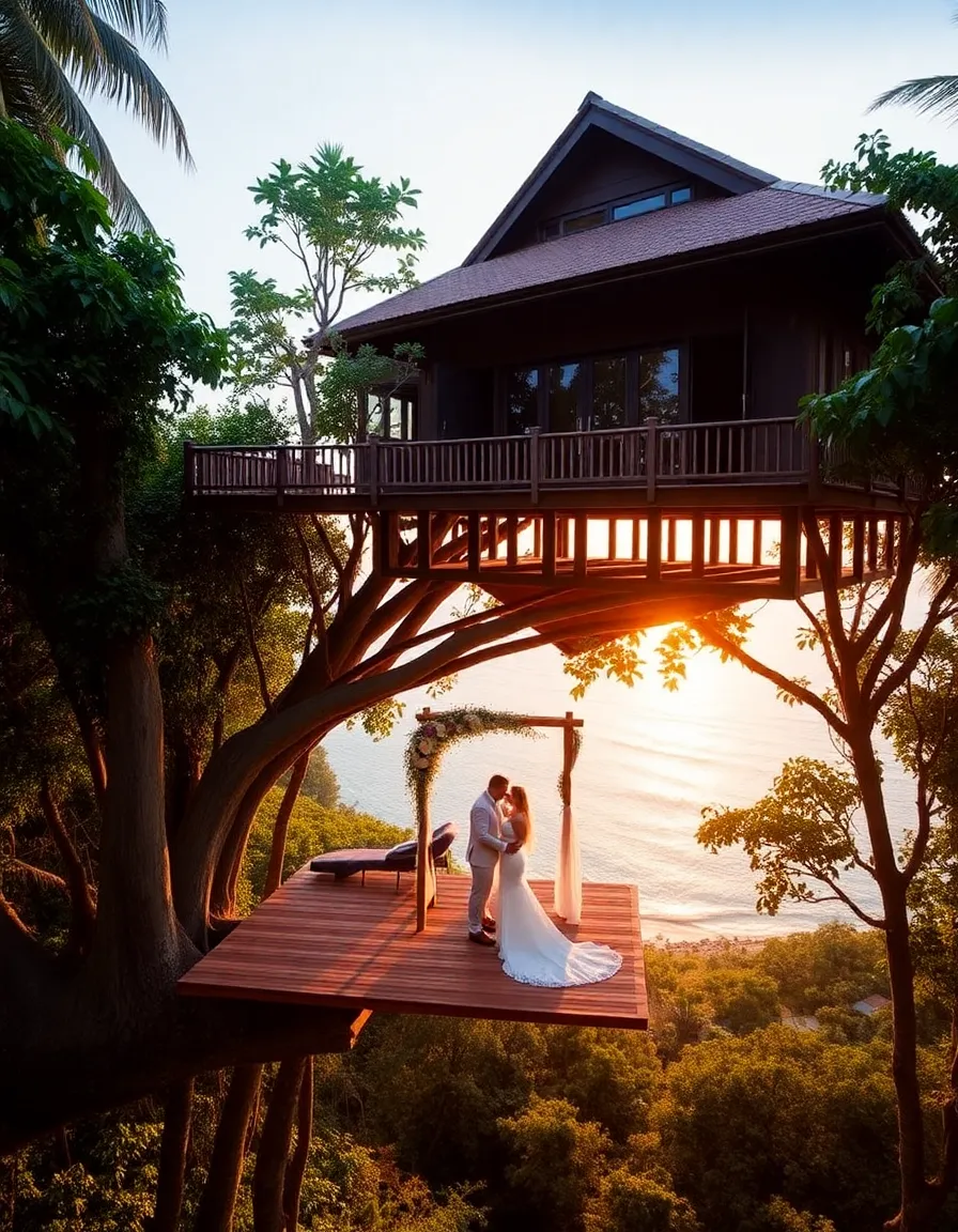 A luxurious treehouse villa perched on a cliff, with a wooden deck overlooking the Caribbean Sea. A small wedding setup includes a floral-adorned arch and a couple sharing a quiet moment as the sun dips below the horizon. The surrounding forest is alive with the sounds of nature.