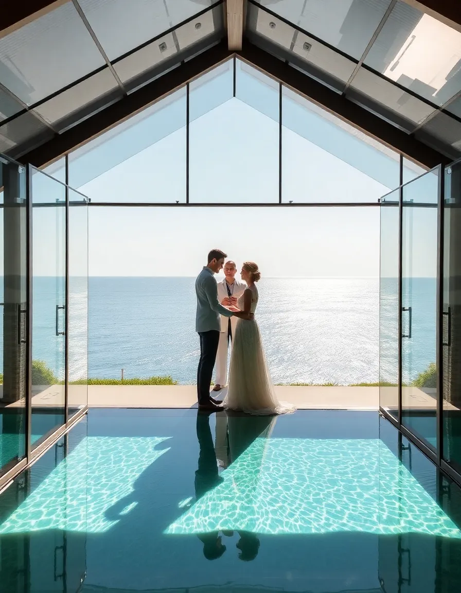 The glass wedding chapel at The Ungasan, with a couple inside exchanging vows. The Indian Ocean is visible through the transparent floor, and the sunlight reflects off the water, creating a shimmering effect.