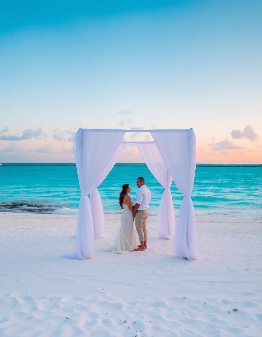 A white gazebo on a pristine beach, draped with flowing white fabric. A couple stands beneath it, surrounded by the turquoise waters of Grace Bay. The sun sets in the distance, casting a warm glow over the scene.