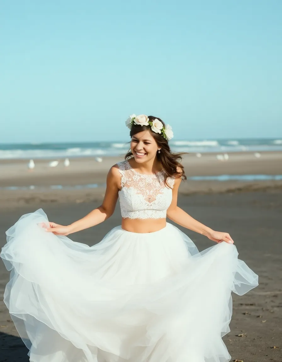 A bride laughing as she holds down her tulle skirt in the wind, the layers puffing up around her. Her cropped lace top shows a sliver of midriff, and her flower crown is slightly askew. The beach behind her is deserted except for a few seabirds.