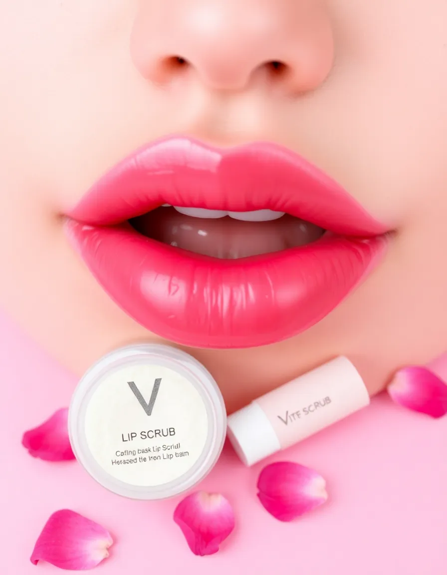 A pair of perfectly smooth, glossy lips with a pot of lip scrub and a hydrating balm beside them. The background is a soft pink, with a few scattered rose petals for romance.
