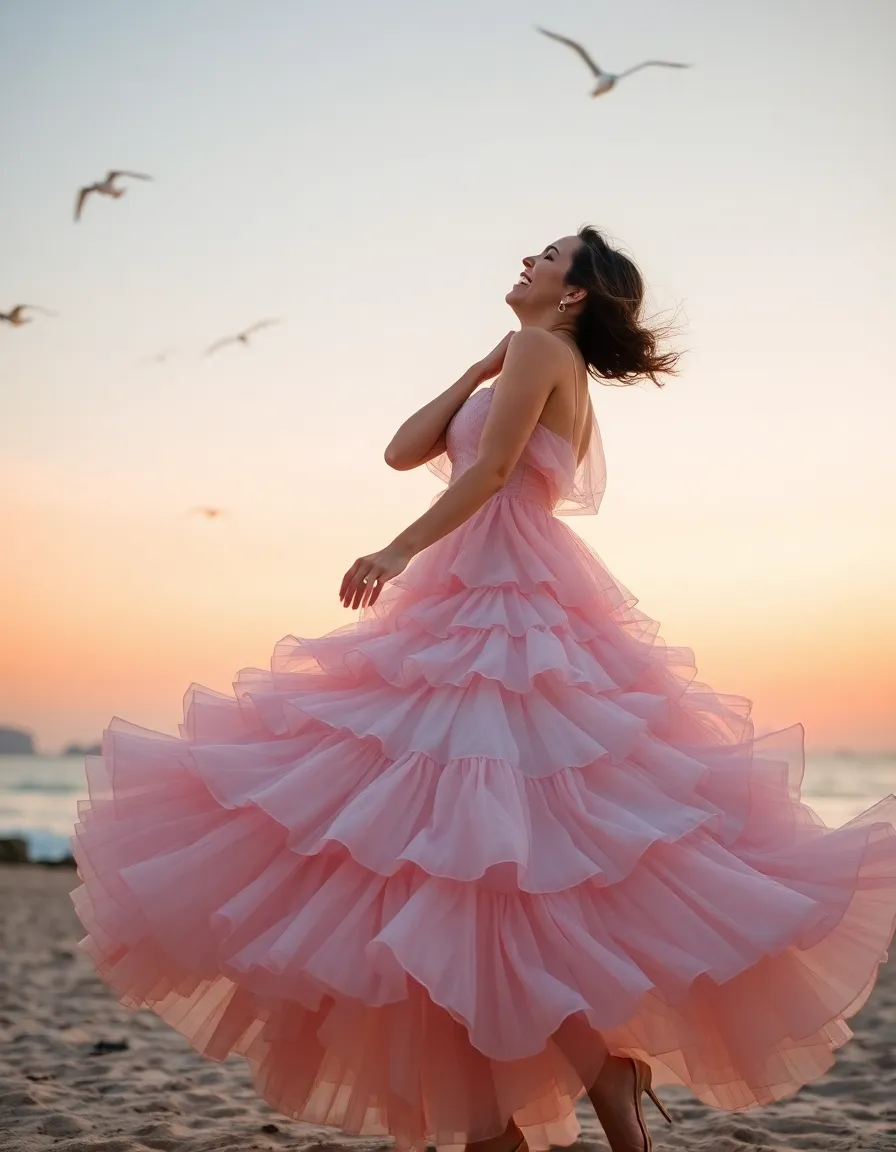 A bride mid-laugh in a tiered ruffle dress, the layers catching the wind as she spins. The dress is in a soft blush tone, complementing the pink hues of the sunset. Seagulls fly overhead in the distance.