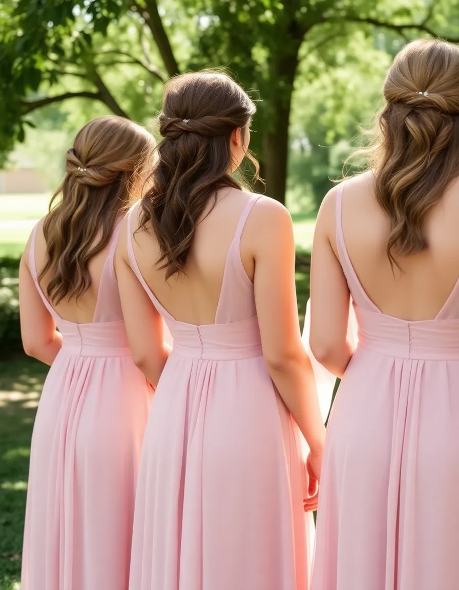 Bridesmaids in dusty rose dresses with sheer illusion sleeves standing in dappled sunlight. The sheer fabric glows, creating a delicate, ethereal effect.