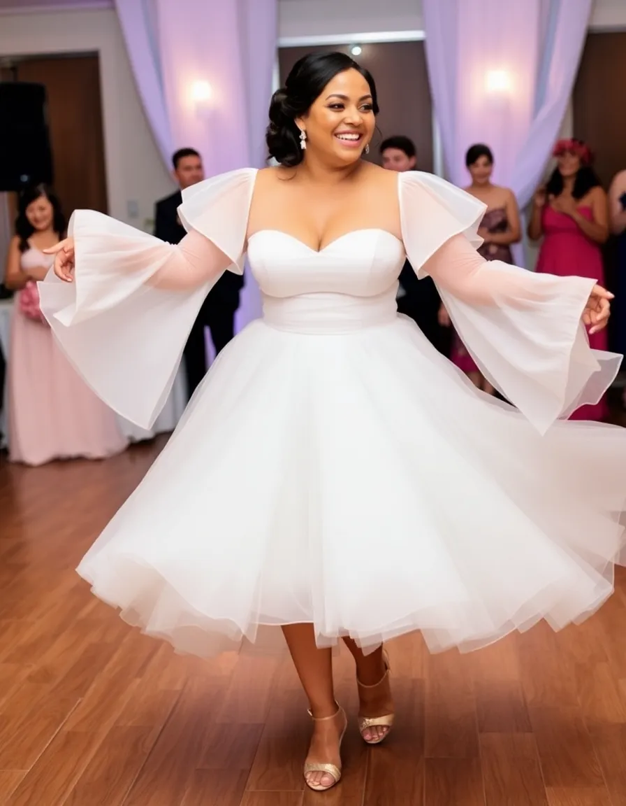 A playful plus-size bride in a two-piece wedding set—a fitted crop top with oversized flutter sleeves and a full tulle skirt—twirling on a dance floor. The sleeves float around her as she moves, and her smile is infectious.