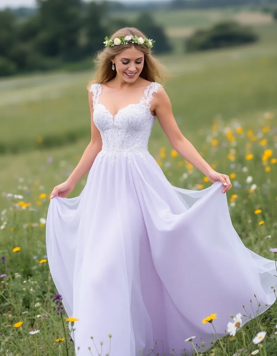 A bride in a flowing pastel lavender gown with a sweetheart neckline and silver-threaded floral embroidery. She’s twirling in a field of wildflowers, her hair adorned with a delicate floral crown.