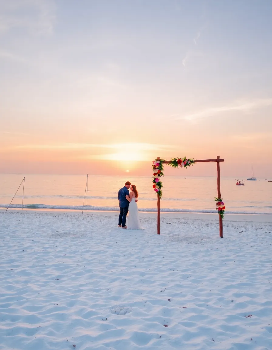 A secluded beach with powdery white sand and crystal-clear water. A simple wooden arch decorated with tropical flowers stands near the shoreline. A couple shares a quiet moment as the sun sets, painting the sky in shades of orange and purple.
