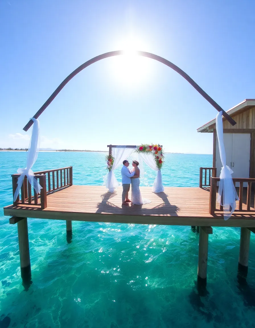 A wooden overwater platform with a simple white arch decorated with seashells and tropical flowers. A couple stands beneath it, surrounded by crystal-clear turquoise water. The sun shines brightly, creating a shimmering effect on the ocean’s surface.