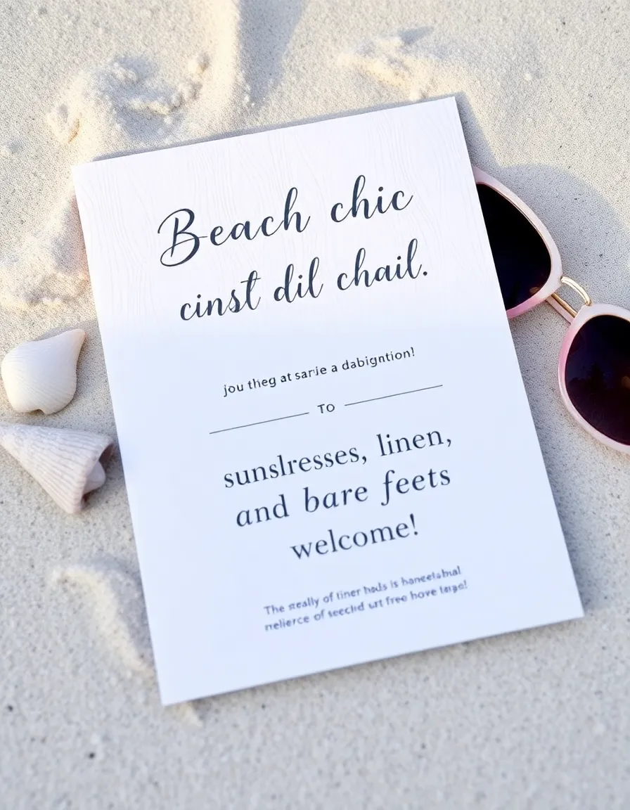 A stylish wedding invitation with a playful dress code note: “Beach chic: sundresses, linen, and bare feet welcome!” The card sits on a sandy towel with a pair of sunglasses and a seashell.