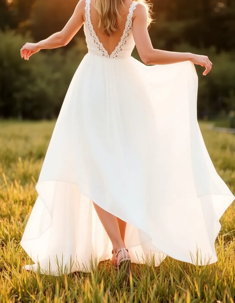 A bride twirling in a high-low boho wedding dress, the front hemline hitting mid-calf to reveal strappy sandals, while the back flows into a delicate train. She stands in a field of tall grass, golden hour light enhancing the movement of the fabric.