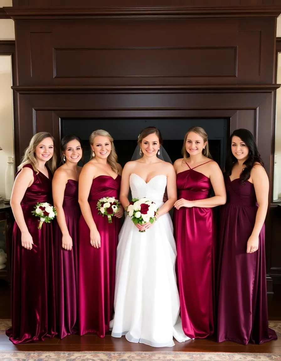 Bridesmaids in burgundy dresses—some in velvet, others in satin—posing near a fireplace. The different textures catch the light uniquely, creating a rich, layered effect.