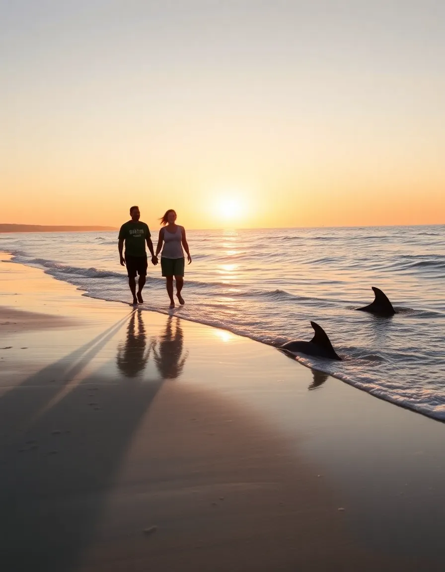 A couple walking along Mnemba’s shoreline at sunrise, their shadows stretching long on the wet sand. A dolphin’s fin breaks the surface of the water nearby.