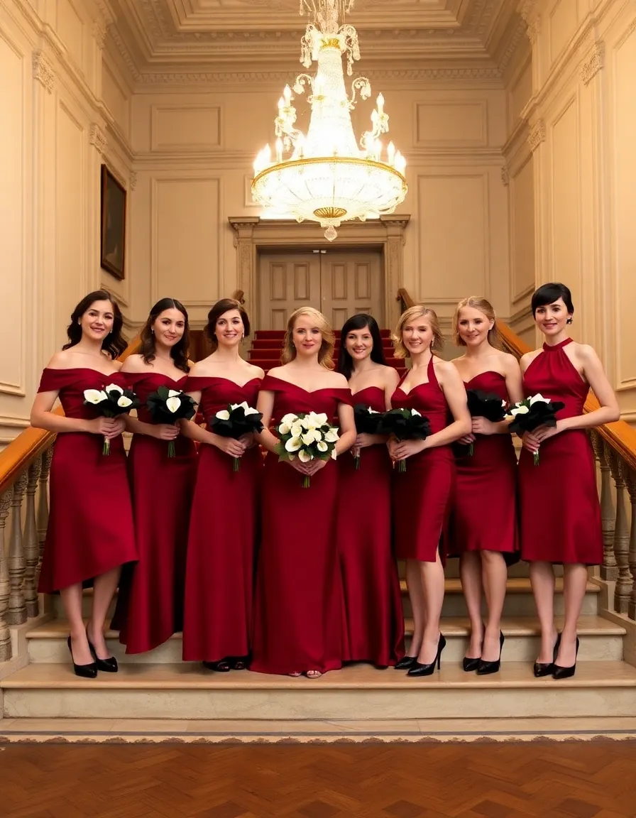 Bridesmaids in cherry red satin dresses standing on a grand staircase in a historic ballroom. The dresses are a mix of off-the-shoulder and halter necklines, and their heels are classic black stilettos. They’re holding bouquets of black calla lilies, and the opulent chandelier above casts a warm glow.