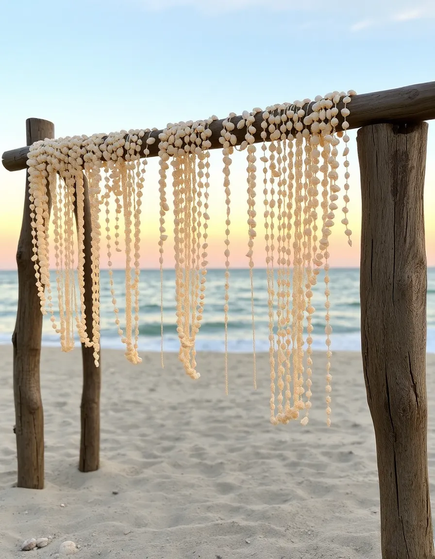 A rustic wooden wedding arch draped with a long, delicate garland made of assorted seashells and ivory beads. The garland sways slightly in the ocean breeze, and the setting sun casts a golden glow over the entire scene. A few loose shells are scattered at the base of the arch.