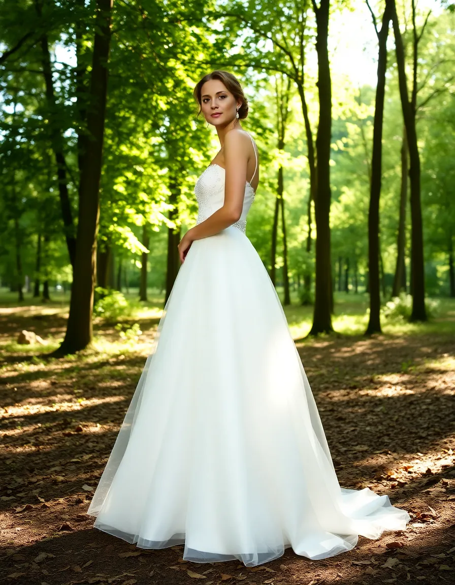 A bride in an ivory satin gown with an illusion neckline standing in a softly lit forest. The delicate tulle is adorned with tiny pearls, and the satin bodice hugs her frame. Sunlight filters through the trees, casting dappled shadows on her skirt.