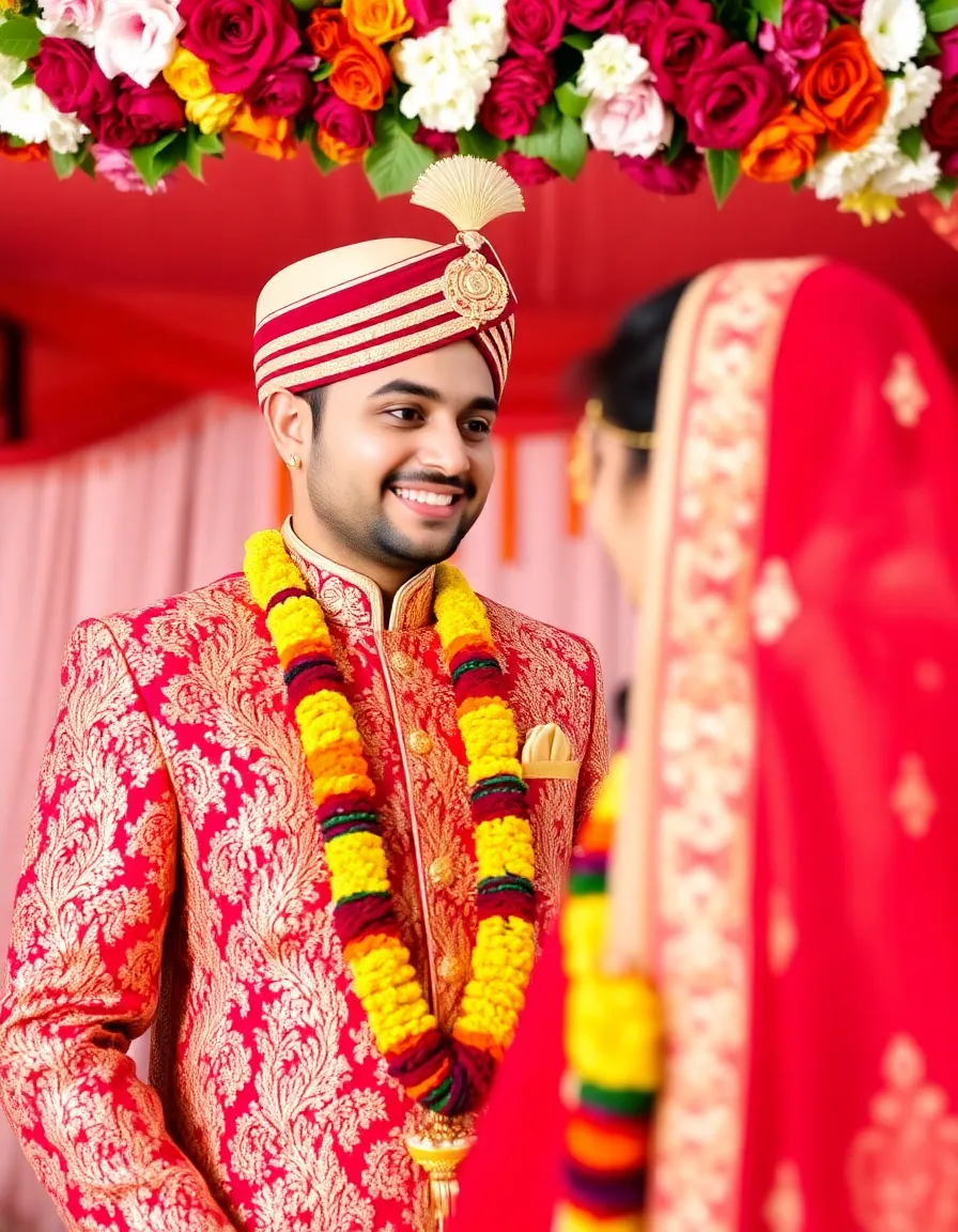 A groom in a vibrant red and gold sherwani stands under a floral mandap. The intricate embroidery catches the light as he smiles at his bride, surrounded by colorful marigold garlands.