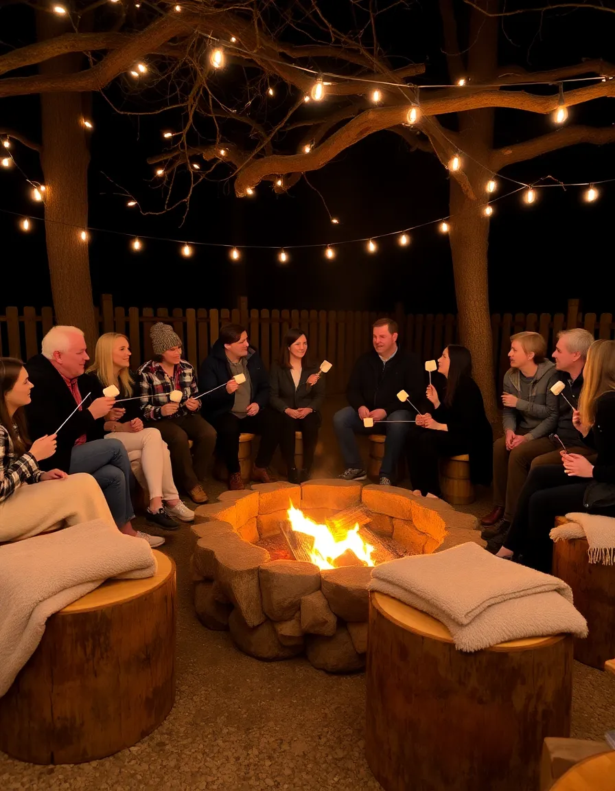 A cozy fire pit lounge with log stools and plush blankets, surrounded by string lights hanging from tree branches. Guests are gathered around, toasting marshmallows on sticks, with the fire casting a warm glow on their faces.