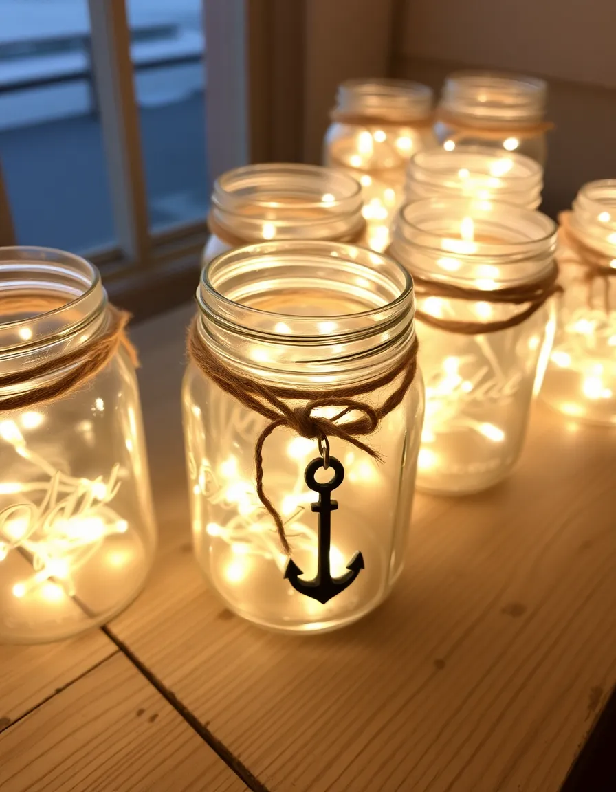 A cluster of mason jars wrapped in natural jute rope, each filled with warm fairy lights that glow softly. The jars are arranged on a weathered wooden table, with a hint of ocean visible in the background. A small anchor charm dangles from one jar.