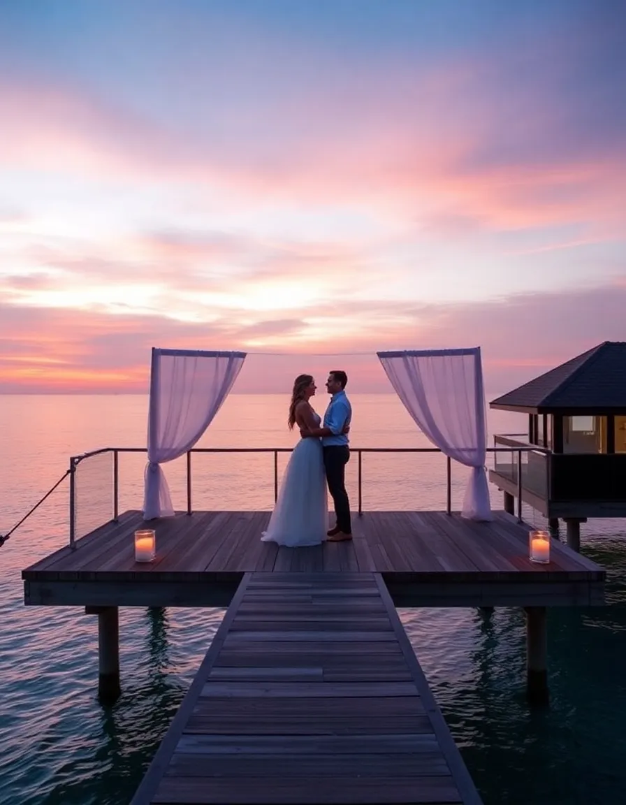 A couple standing on Soneva Jani’s overwater observatory deck at sunset, with the sky painted in shades of pink and orange. The deck is adorned with candles and sheer white drapes, and the water below reflects the colors of the sky.
