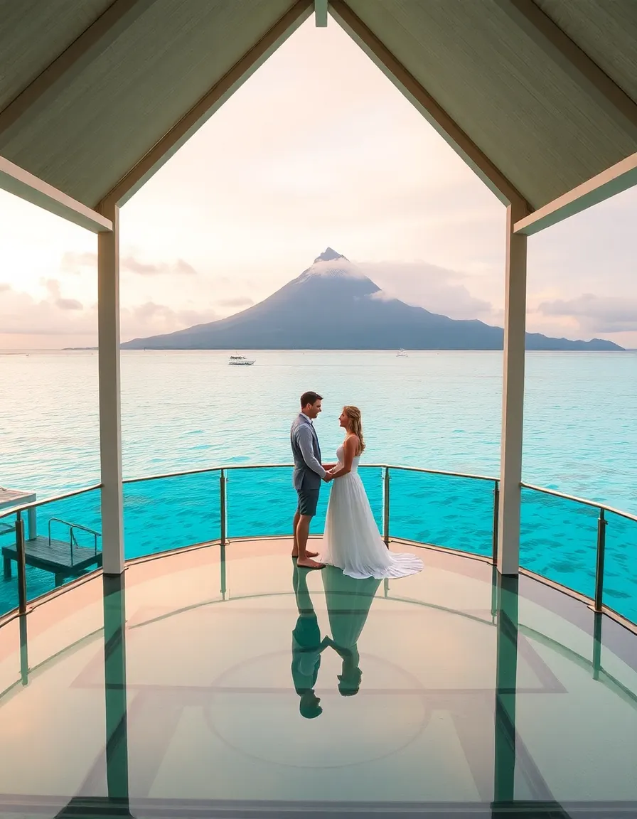 A glass-floored chapel at The St. Regis Bora Bora, with the couple standing above the crystal-clear lagoon. The chapel is decorated with white orchids, and Mount Otemanu looms in the distance, its peak catching the last light of the day.