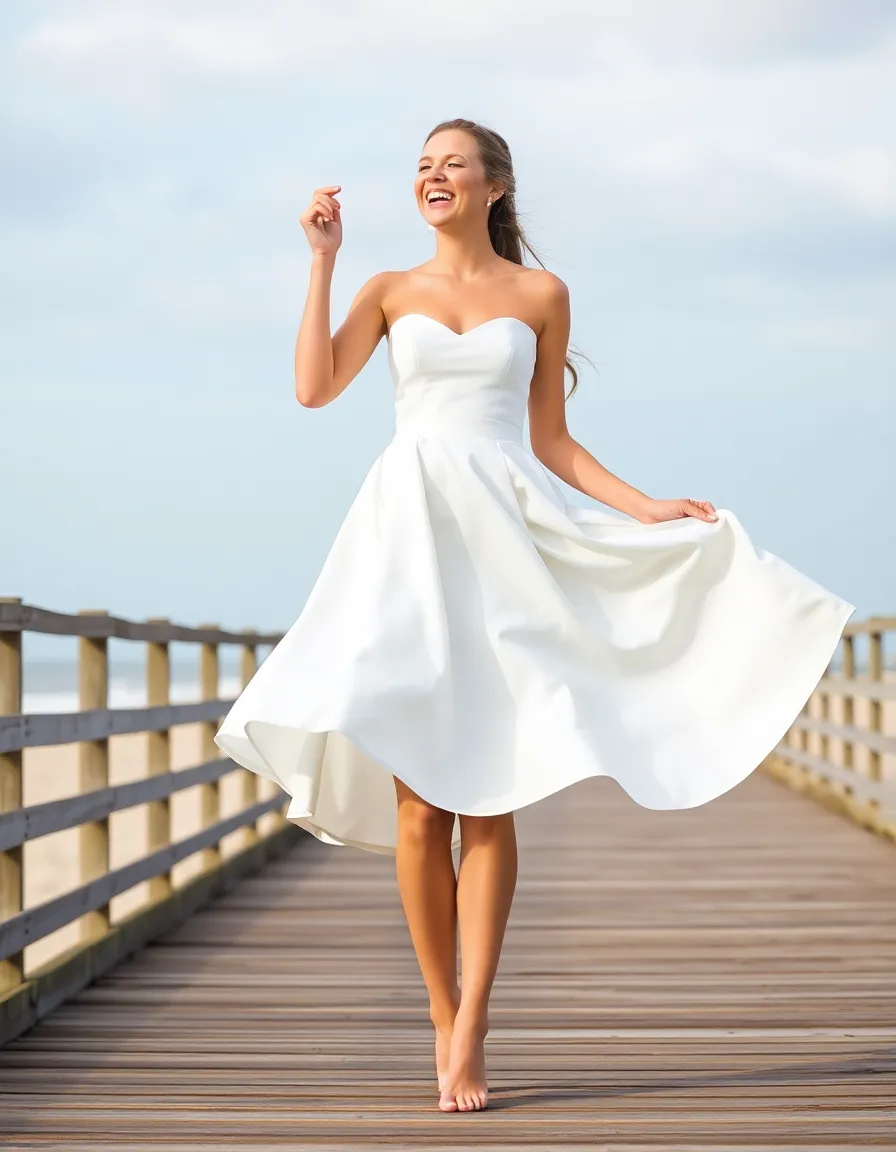 A bride in a playful white mini dress with a fitted bodice and a voluminous skirt, standing on a beach boardwalk. She’s barefoot, holding her shoes in one hand and laughing as the wind catches her skirt.