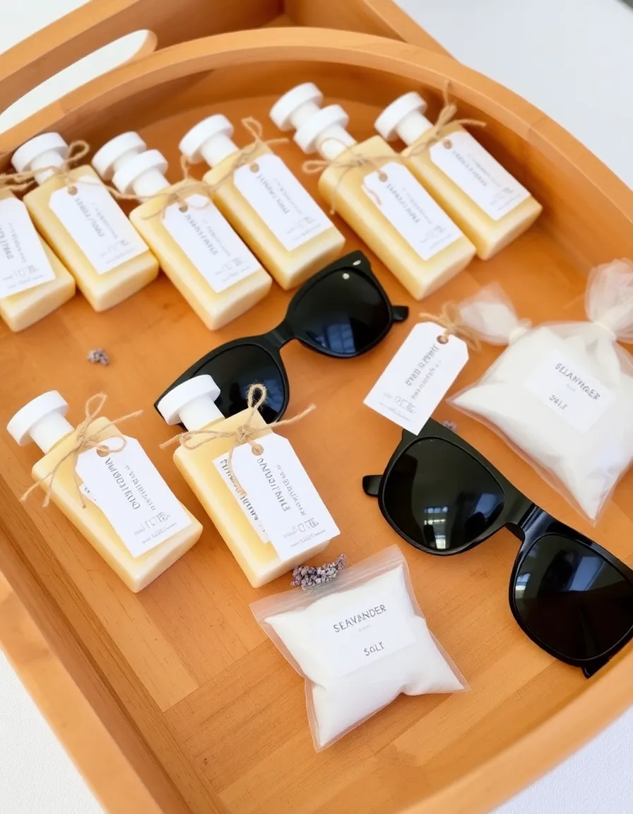 A wooden tray filled with mini sunscreen bottles tied with twine and tags, alongside sunglasses and small bags of sea salt. The favors are arranged neatly with sprigs of lavender.