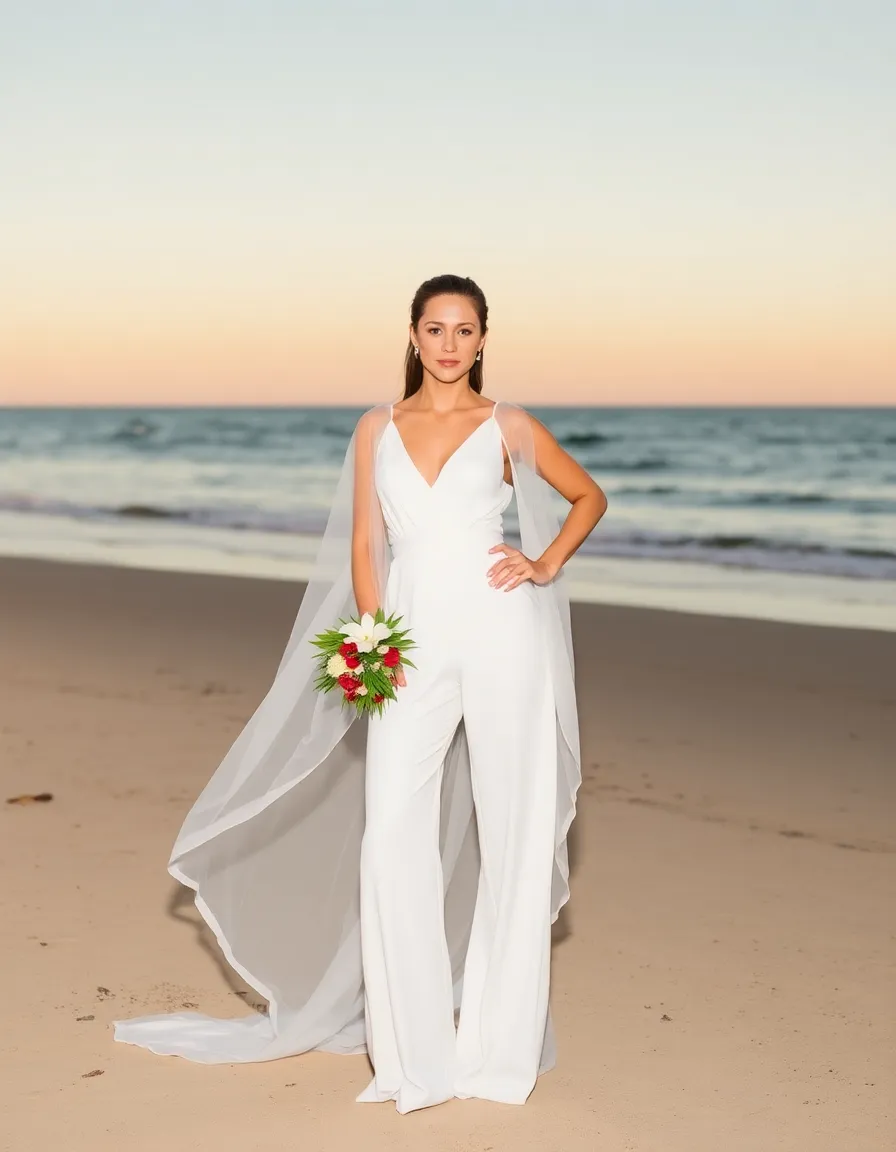 A bride in a minimalist white jumpsuit with a flowy chiffon overlay, standing on a beach at golden hour. The overlay trails slightly behind her, and she’s holding a small bouquet of tropical blooms. Her stance is confident, with one hand resting on her hip.