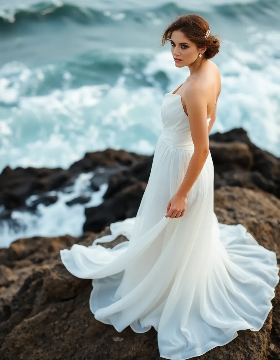 A bride posing on a rocky outcrop in a one-shoulder chiffon gown, the fabric cascading down her body in soft waves. The single strap is adorned with a delicate pearl detail. Waves crash dramatically behind her.
