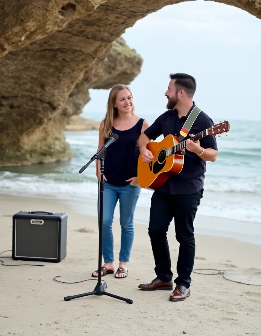 A musician strumming an acoustic guitar near the shoreline, with a small amplifier discreetly placed nearby. The couple stands under an arch, smiling as the music carries over the sound of the waves.