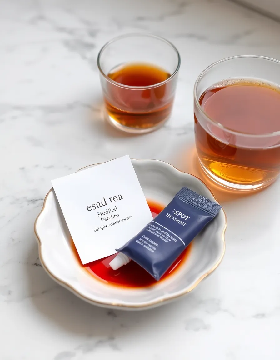 A small, elegant dish holding hydrocolloid patches and a tiny tube of spot treatment, placed on a marble countertop next to a cup of herbal tea. The lighting is soft and calming.