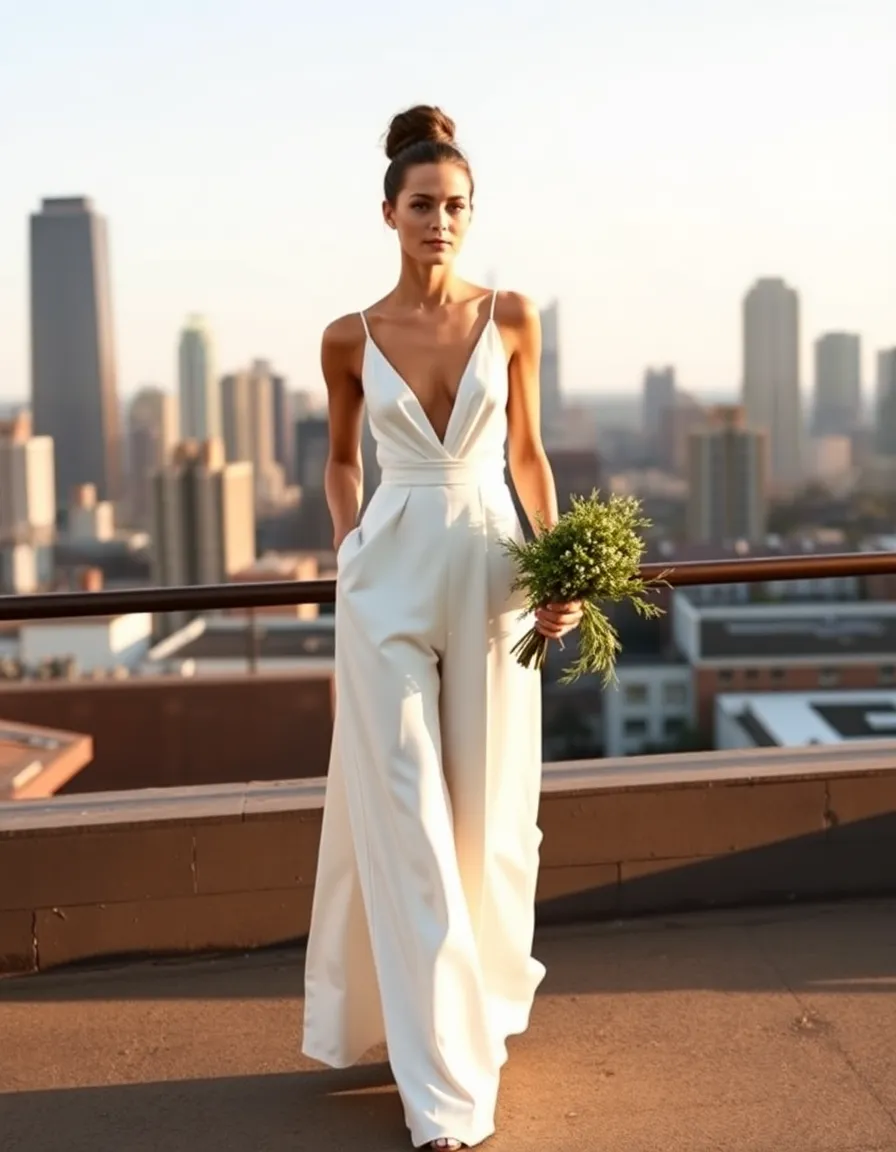 A model in a wide-leg ivory satin jumpsuit standing on a rooftop with a city skyline behind her. The plunging neckline is balanced by a sleek updo, and she holds a minimalist bouquet of greenery. The fabric flows as she walks, catching the golden hour light.