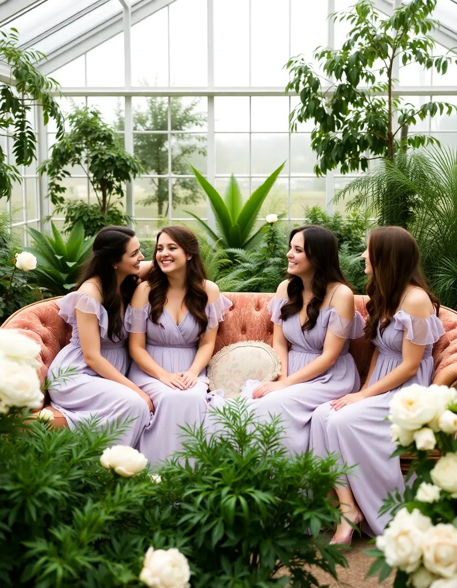 Bridesmaids in dusty lavender dresses sitting on a vintage velvet sofa in a greenhouse, surrounded by lush ferns and white peonies. Their dresses are chiffon with delicate flutter sleeves, and they’re laughing as they lean into each other. Soft morning light filters through the glass walls.