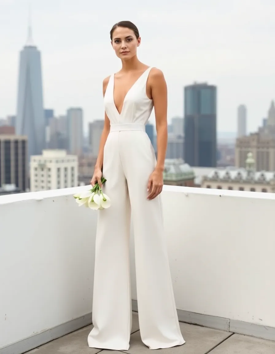 A model in a sleek ivory jumpsuit with a deep V-neck and wide legs, standing on a rooftop with a city skyline behind her. The fabric has a subtle sheen, and she holds a geometric bouquet of white calla lilies.