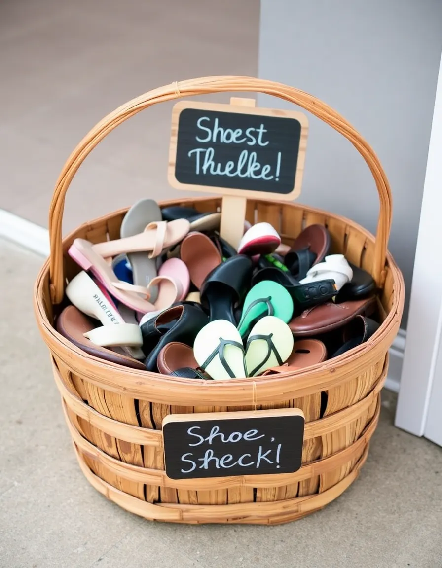 A rustic wooden basket filled with assorted guest shoes, placed near the ceremony exit. A small chalkboard sign reads “Shoe Check!” and a few flip-flops peek out from the pile.
