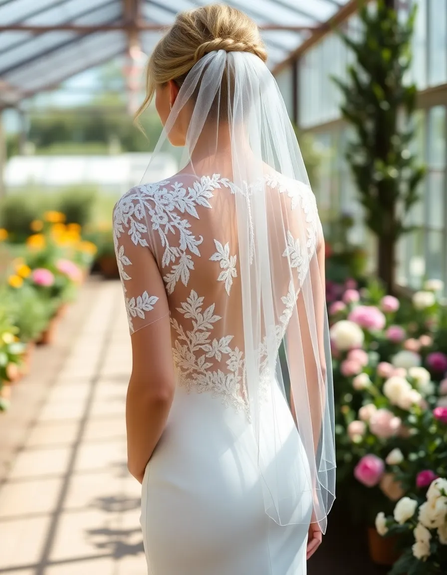 A bride in a fitted gown with illusion sleeves and back, the sheer fabric adorned with intricate floral embroidery. She’s standing in a sunlit greenhouse, surrounded by blooming flowers.