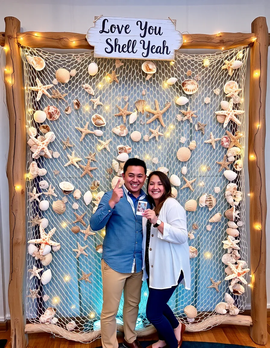 A whimsical photo backdrop made of a large fishing net adorned with clusters of seashells, starfish, and twinkling fairy lights. A driftwood frame surrounds the net, and a hand-painted sign reading “Love You Shell Yeah” hangs at the top. A couple poses in front of it, laughing as they hold up a polaroid.
