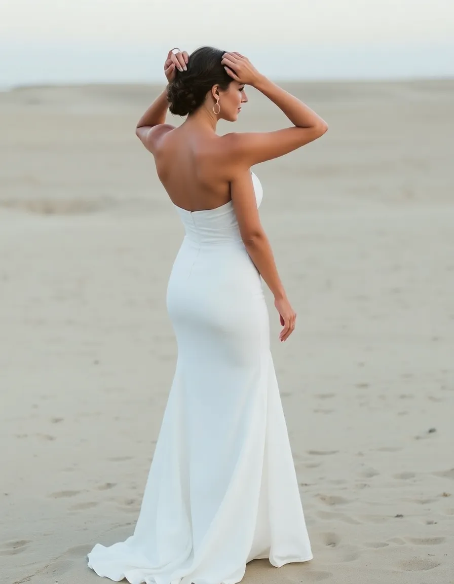 A bride standing in profile in a strapless bandeau gown, the structured bodice contrasting with the soft, flowing skirt. Her arms are raised to adjust her hair, highlighting the clean neckline. The sand beneath her is dotted with tiny footprints.