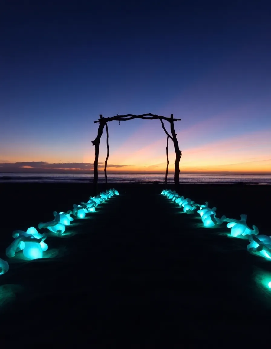 A sandy beach wedding aisle lined with glow-in-the-dark seashells, emitting a soft blue-green light as twilight falls. The shells guide the way to the altar, where a driftwood arch stands under a sky streaked with sunset colors.