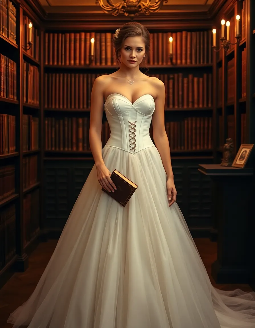 A bride in a gown with an exposed corset bodice and a full tulle skirt, standing in a candlelit library. She’s holding a vintage book, looking like she stepped out of a romance novel.