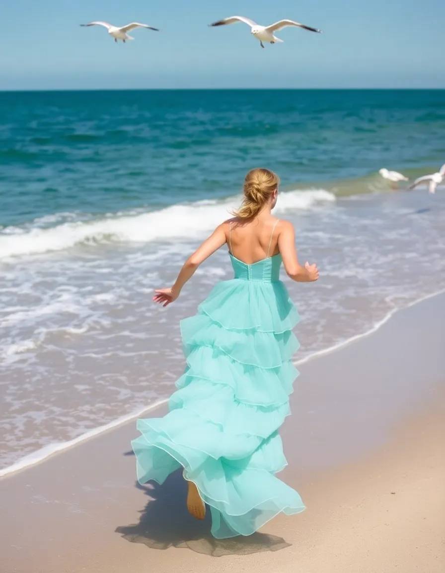 A bridesmaid in an aqua tiered organza dress running along the shoreline, the layers of her dress floating behind her like waves. The ocean is a deeper blue in contrast, and seagulls soar overhead.