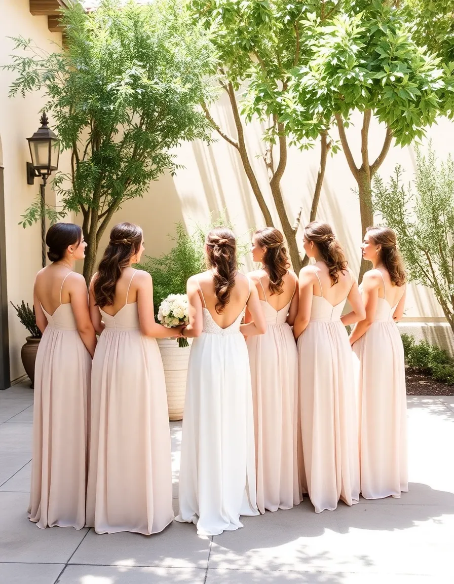 Bridesmaids in champagne-colored chiffon dresses standing in a sun-drenched courtyard. The neutral tones blend seamlessly with the natural surroundings, creating a serene, cohesive look.