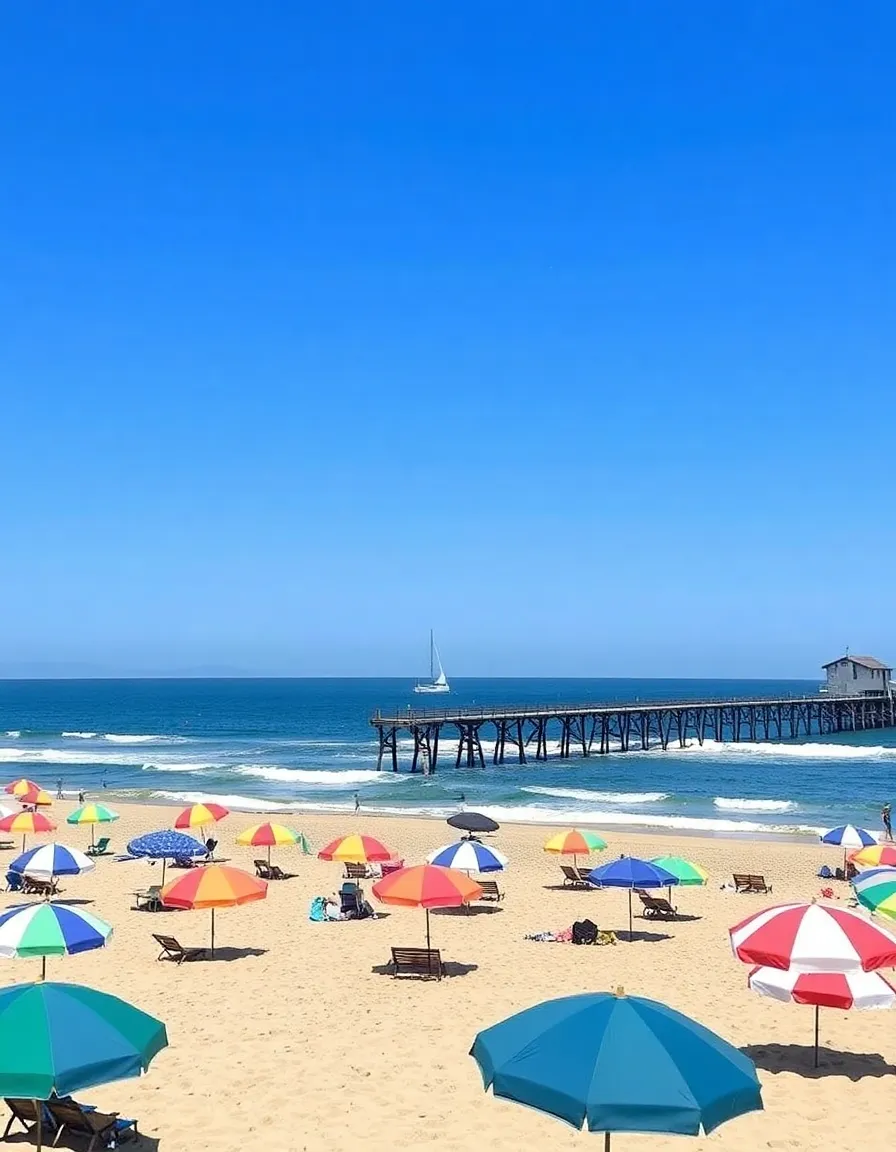 A cheerful scene at Avila Beach, with colorful umbrellas dotting the sand and the historic pier stretching into the ocean. A sailboat glides by in the distance under a cloudless blue sky.