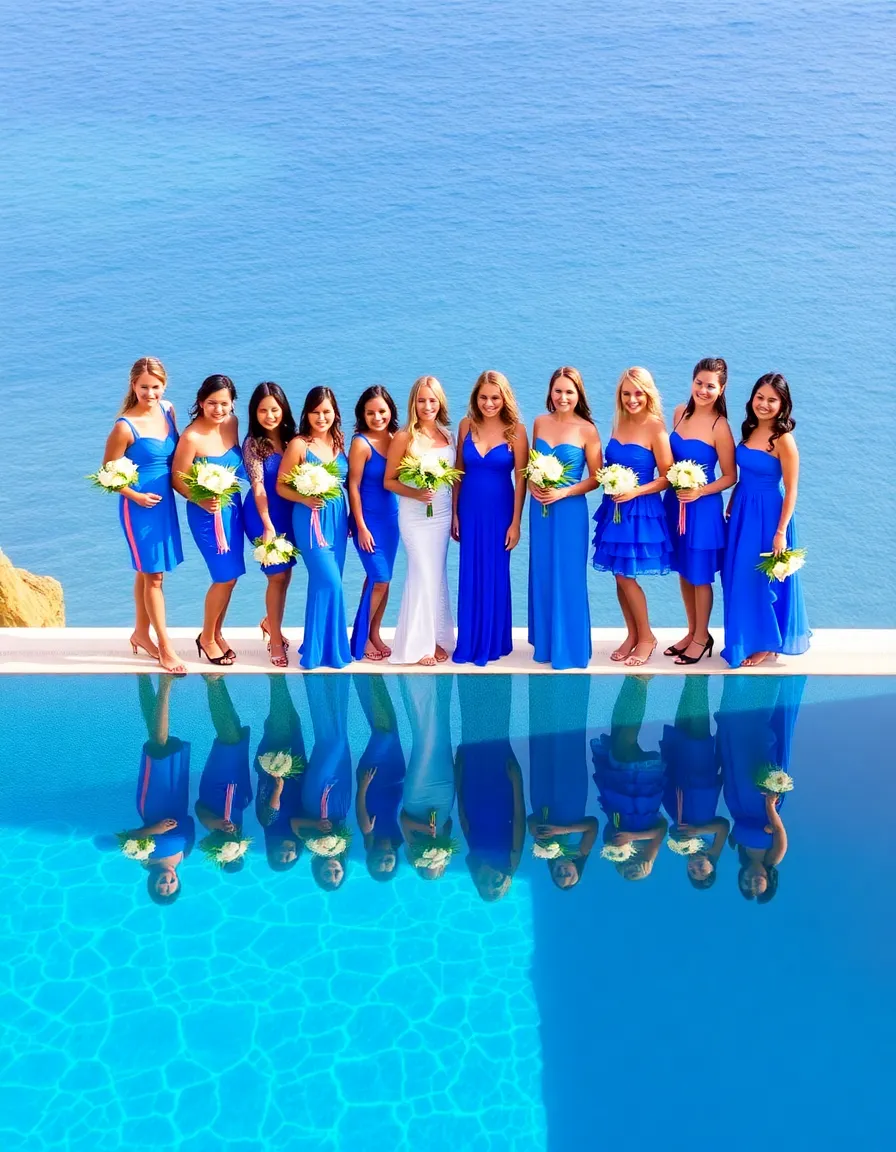 Bridesmaids in electric blue dresses standing at the edge of a infinity pool, their reflections shimmering in the water. The dresses range from sleek sheaths to ruffled skirts, all in the same vibrant shade. They’re holding tropical white and green floral arrangements, and the ocean stretches out behind them.