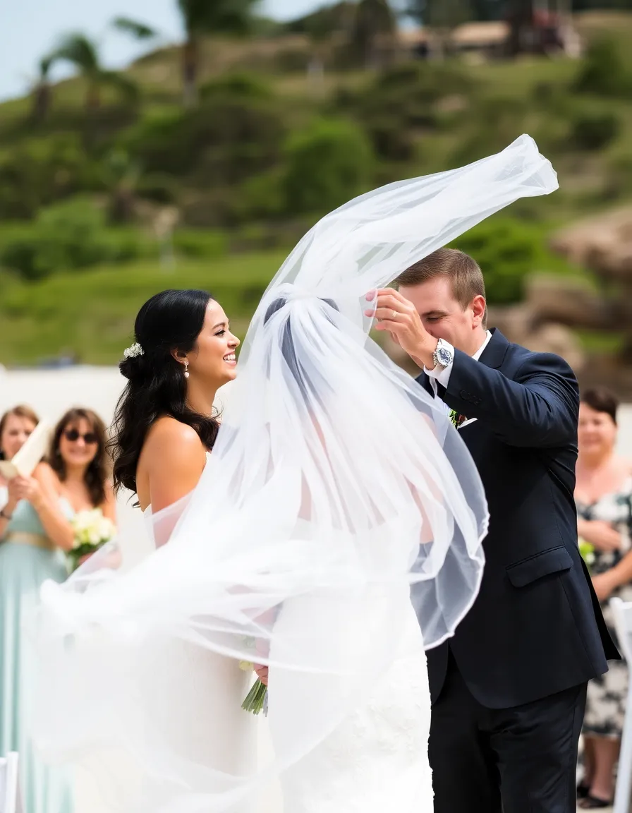 A couple laughing as the bride’s veil blows wildly in the wind during their beachside ceremony. The groom is trying to tame it, and the guests are all smiling at the playful moment.