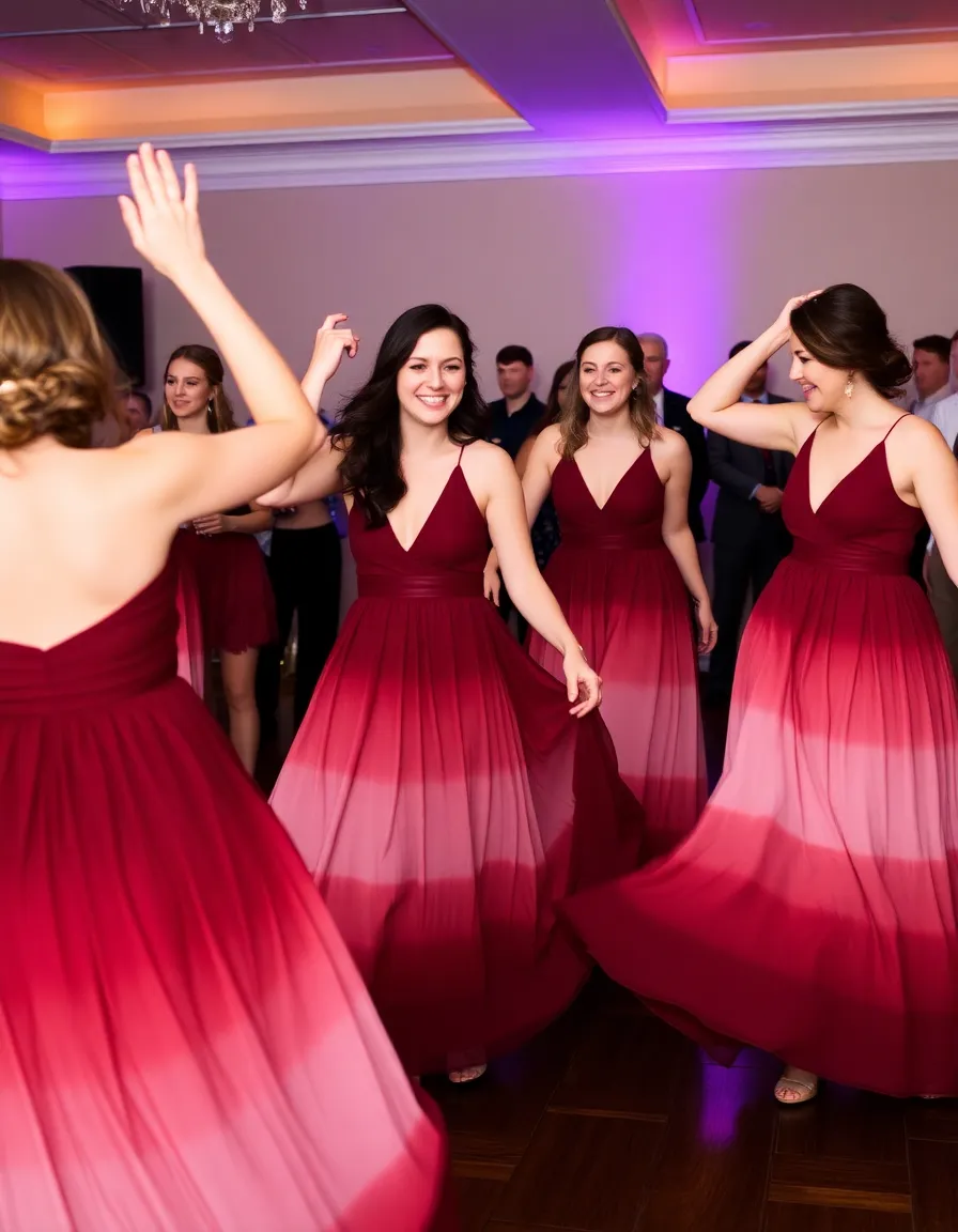 Bridesmaids in blush-to-burgundy ombré dresses twirling on a dance floor. The gradient effect creates movement and visual interest, perfect for candid shots.