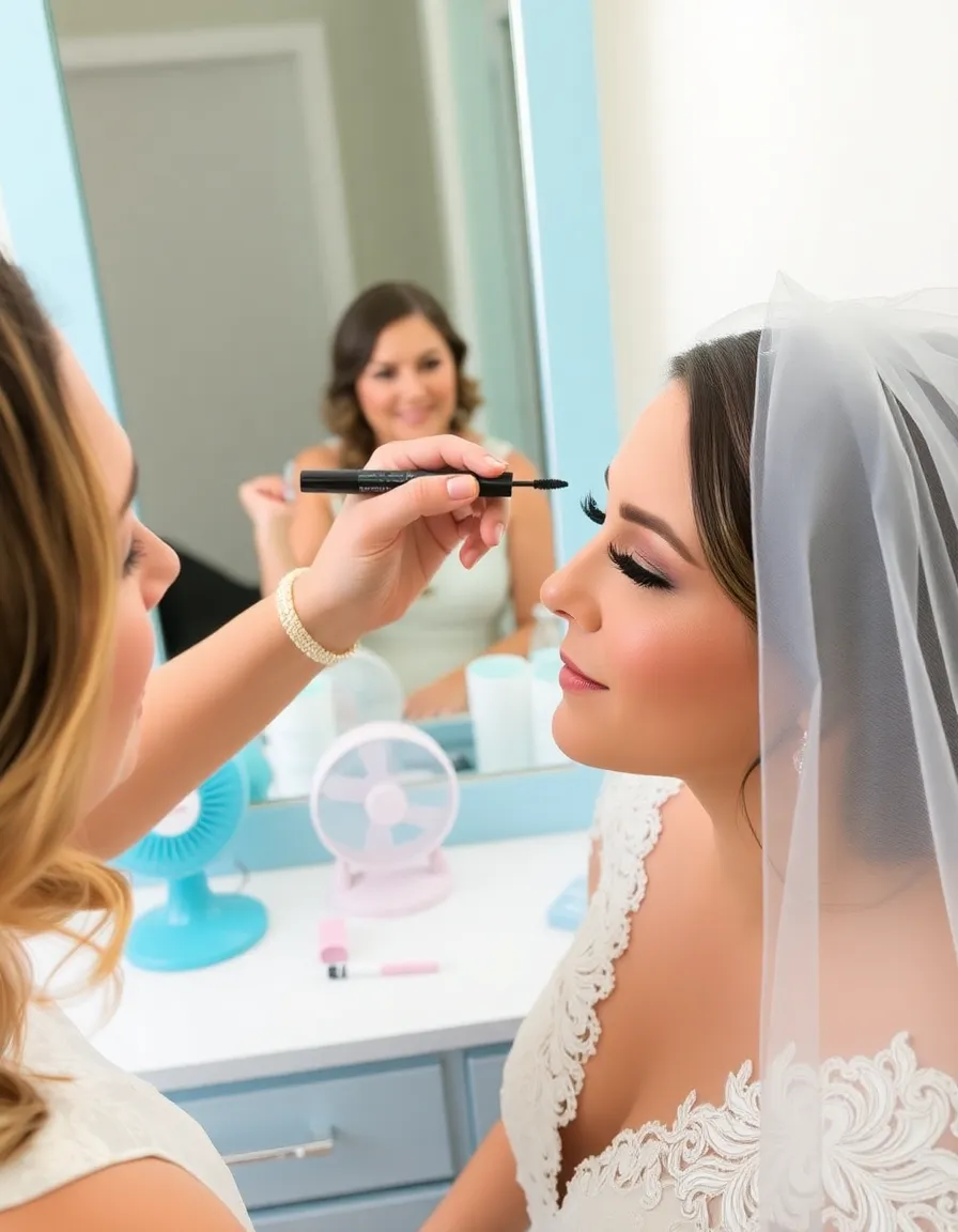 A makeup artist applying a final touch of waterproof mascara to a bride’s lashes, with a vanity setup featuring ocean-inspired hues and a small fan to combat humidity. The bride’s reflection shows a flawless, glowy complexion.