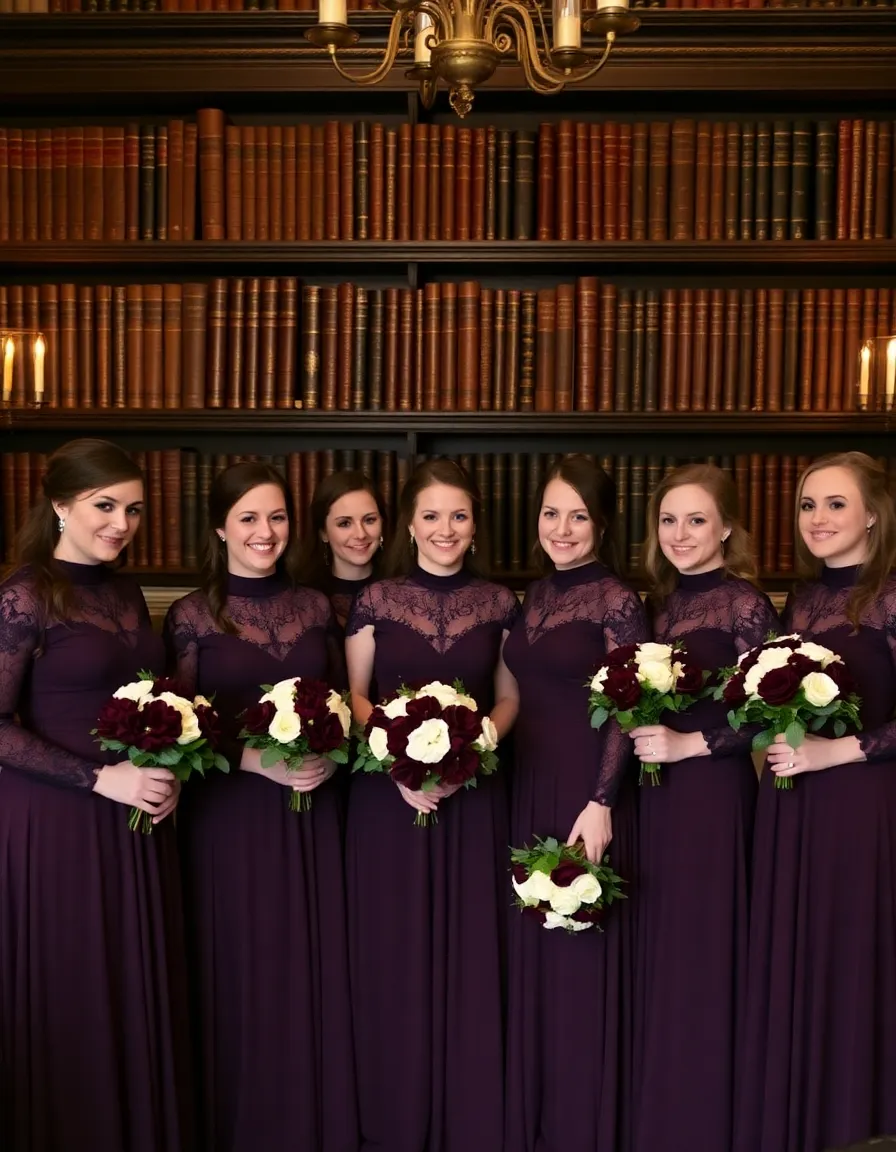 Bridesmaids in deep plum dresses gathered in a candlelit library, surrounded by antique books. Their gowns are long-sleeved and high-necked, with subtle lace detailing, and they’re holding bouquets of burgundy dahlias and ivory roses. The warm candlelight casts a soft glow on their faces.